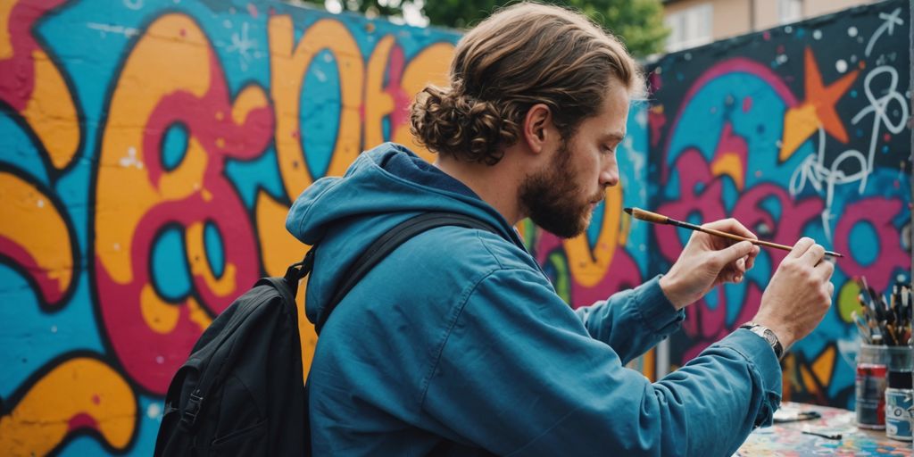 Artists creating vibrant street art at Heidelberg festival.