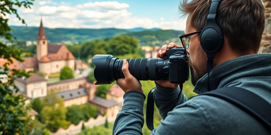 Fotograf in Heidelberg mit Kamera vor malerischer Kulisse.