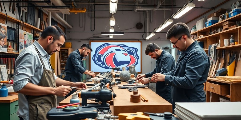 Hochwertige Werbetechnik in Aktion mit Handwerkern.