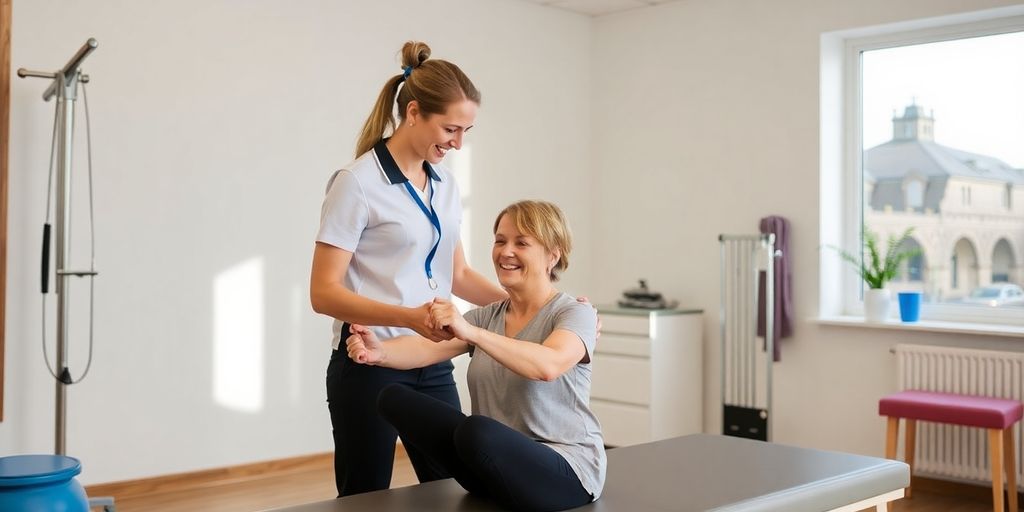 Physiotherapeut bei der Arbeit mit einem Patienten in Heidelberg.