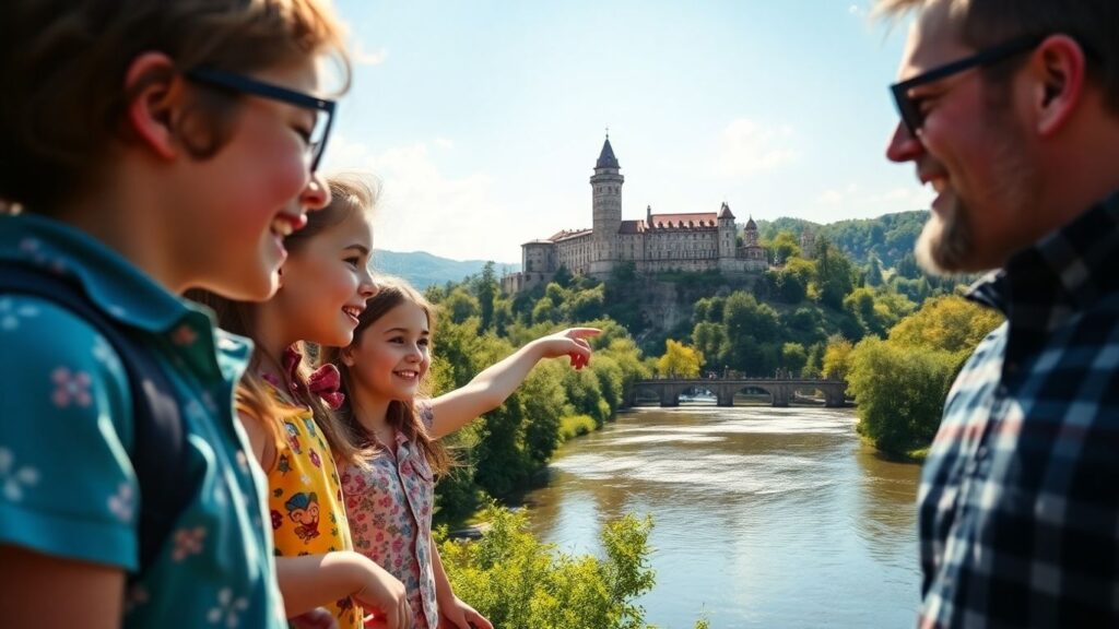 Familie genießt Freizeit in Heidelberg mit Schlossblick