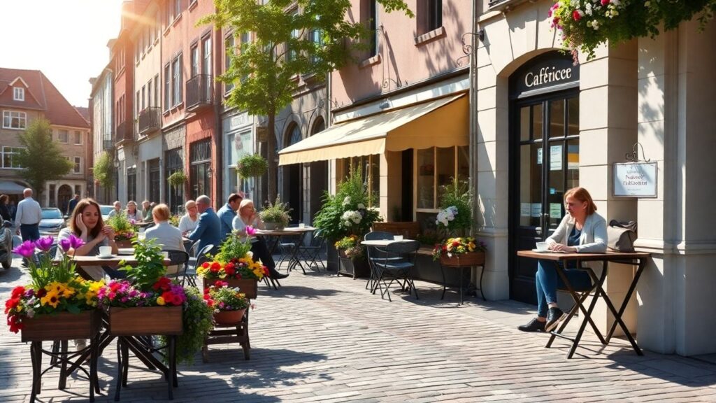 Heidelberger Café mit Außensitzplätzen und Blumen