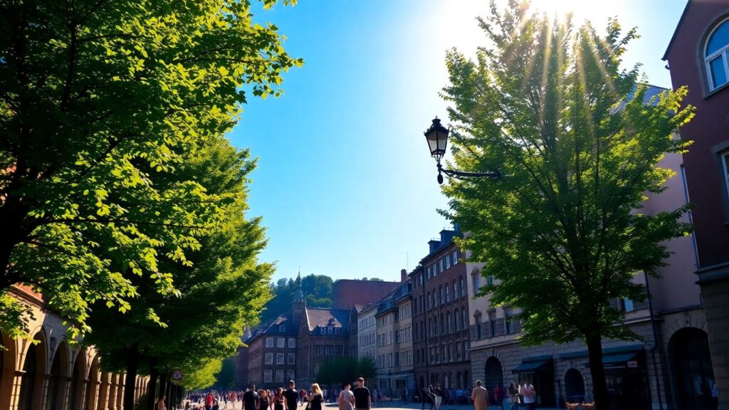 Heidelberg mit grünen Bäumen und historischen Gebäuden.